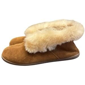 Minnetonka Golden Tan Sheepskin Ankle Boot Slipper Sz 6 Hygge Cozycore Apres Ski